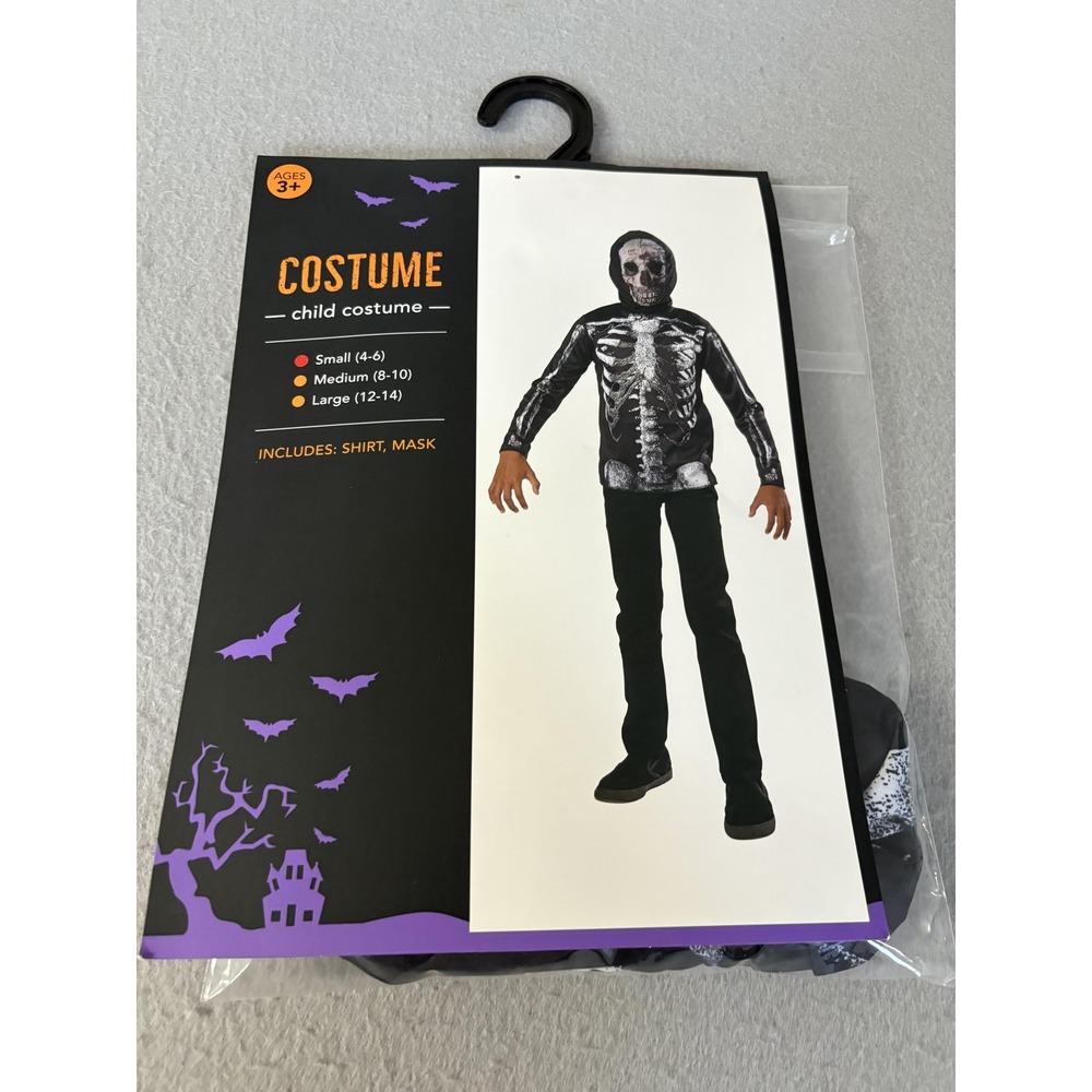 Skeleton Costume Youth Black White Shirt Mask Halloween Scary Kids Cosplay Small